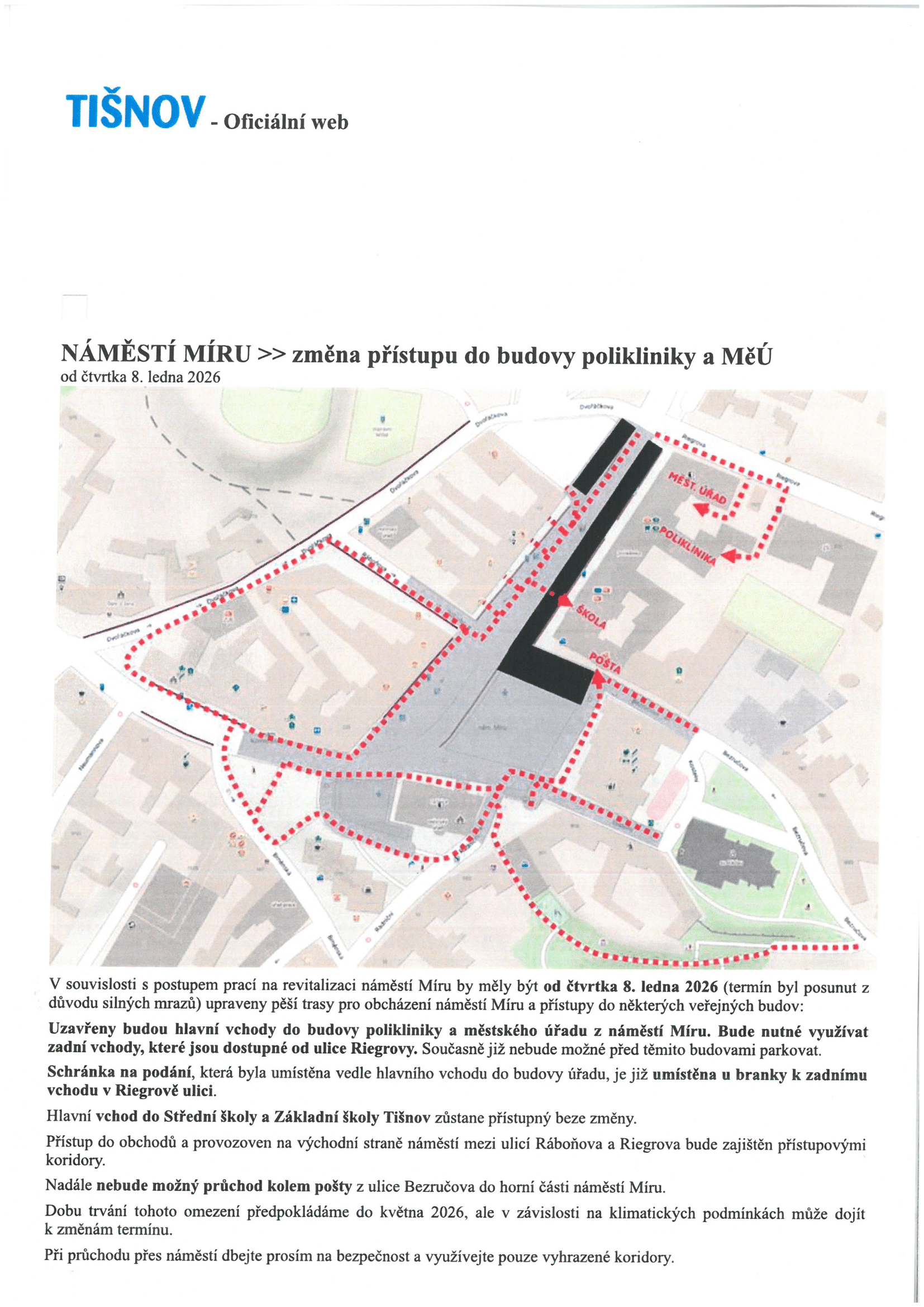 Změna přístupu do polikliniky a MěÚ v Tišnově