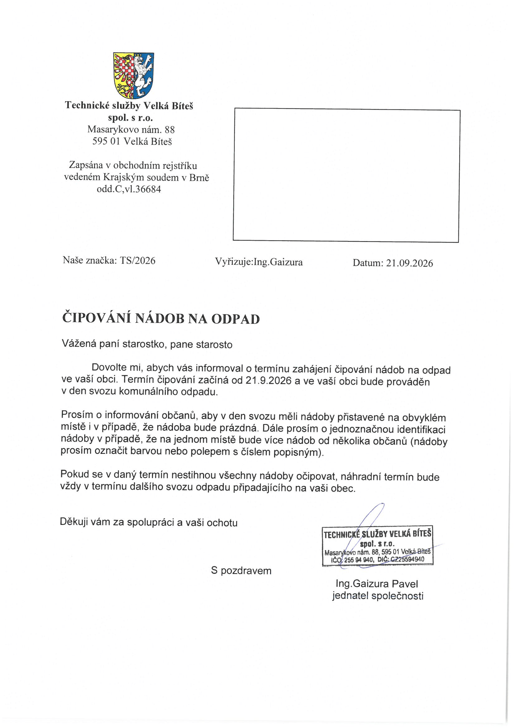 Obec Žďárec - Čipování nádob na odpad